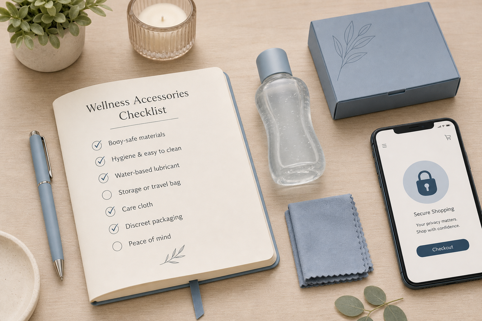 Adult wellness accessories checklist with lubricant, care cloth, and secure shopping icon