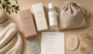 Discreet adult wellness accessories flat lay with lubricant, storage pouch, and checklist