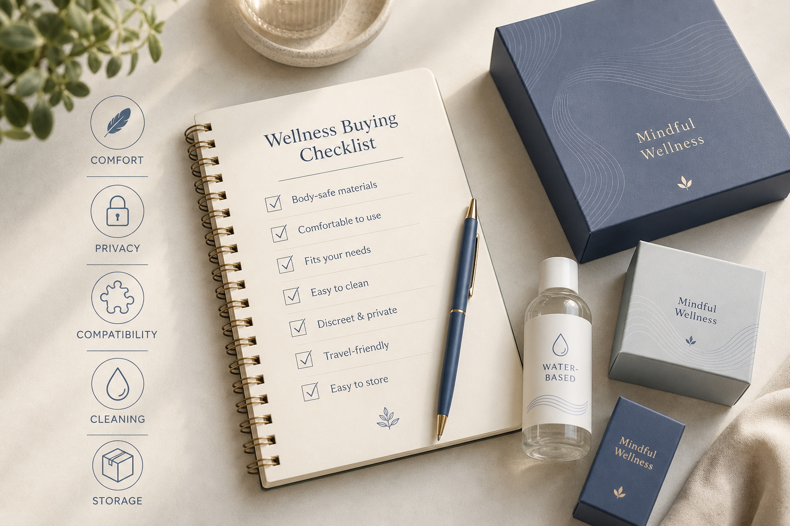 Adult wellness buying checklist with water-based lubricant, sealed boxes, and privacy icons