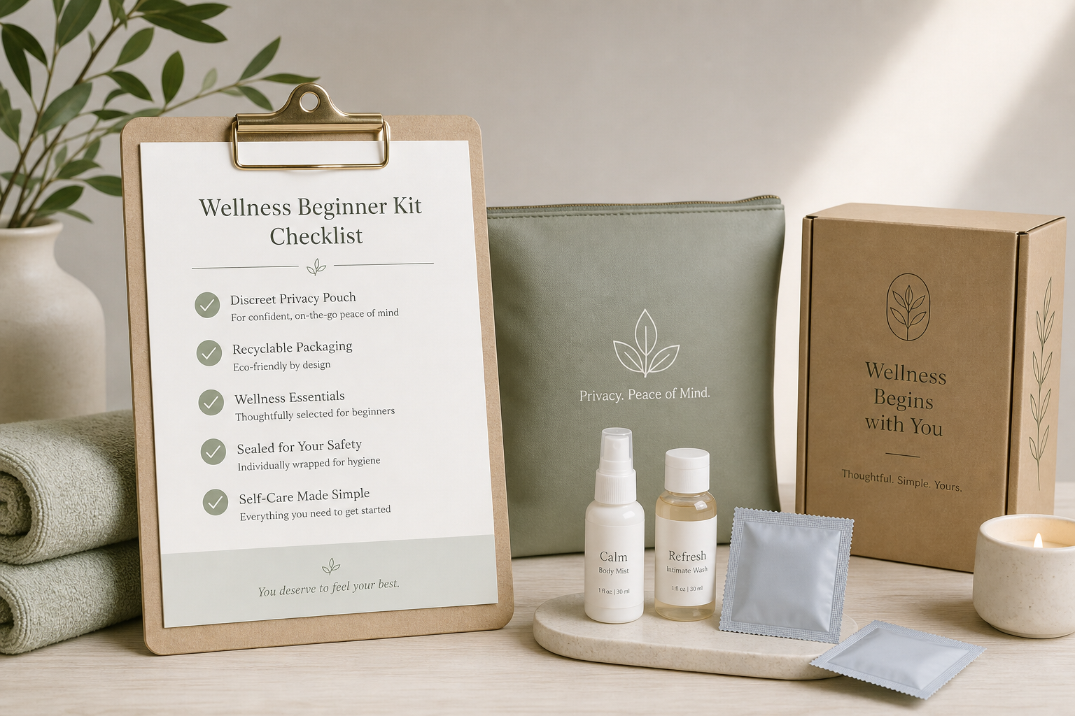 Checklist for a beginner adult wellness kit with discreet care and storage essentials