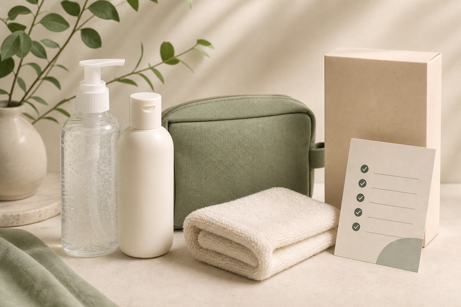 Checklist-style tabletop with water-based gel, mild wash, towel, storage pouch, and discreet packaging