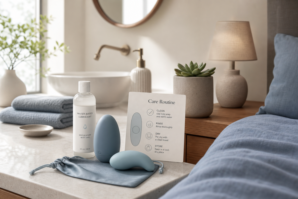 Adult wellness product care routine with storage pouch and lubricant