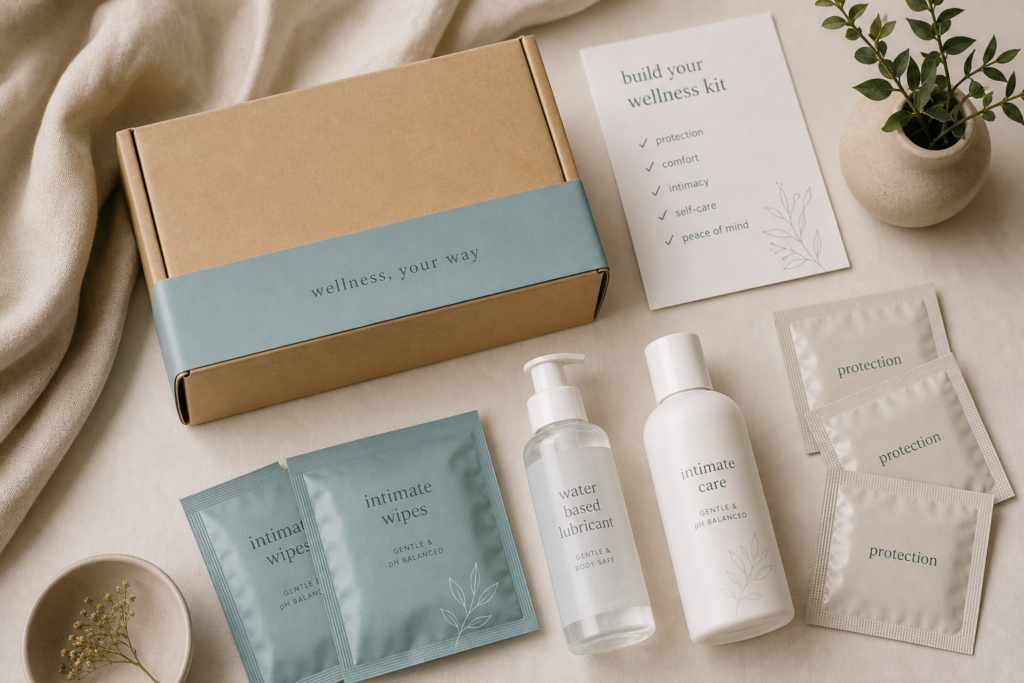 Discreet beginner adult wellness kit with checklist, care essentials, and privacy pouch