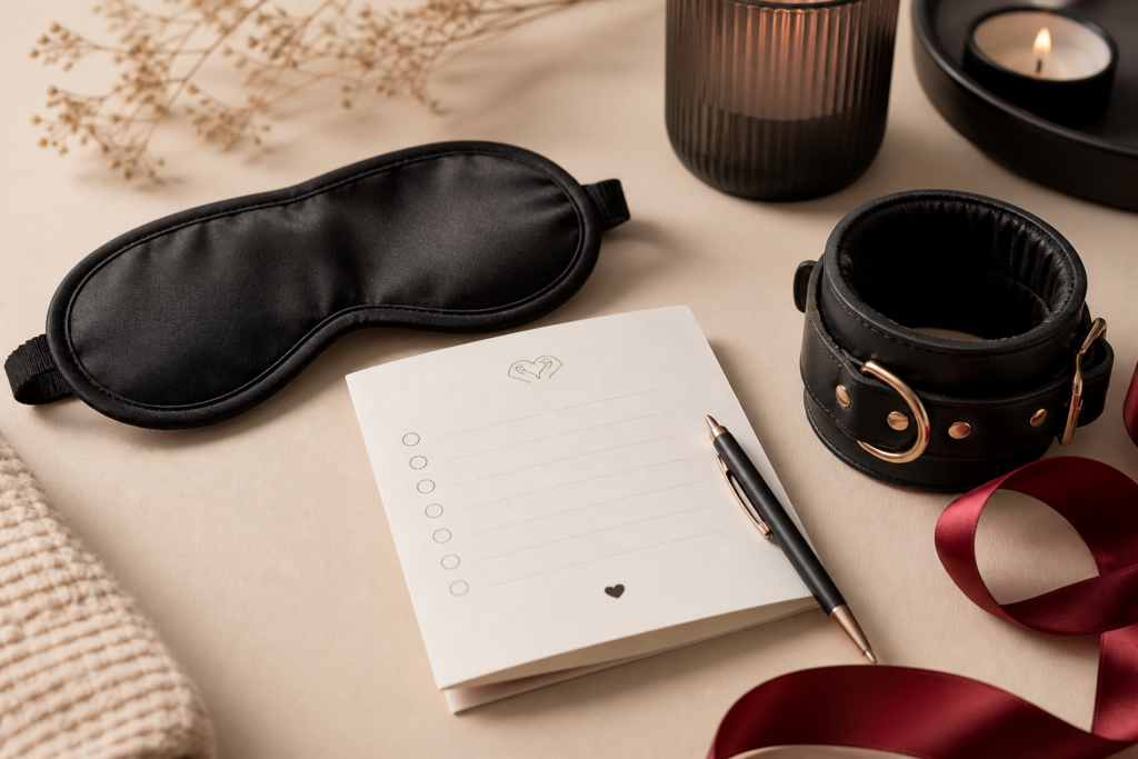 Tasteful flat lay of a blindfold, consent checklist, pen, and beginner-friendly wellness accessories