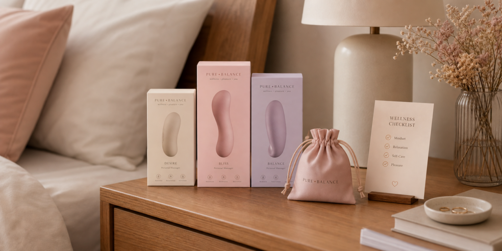 Tasteful compact wellness device shopping setup with privacy pouch and checklist