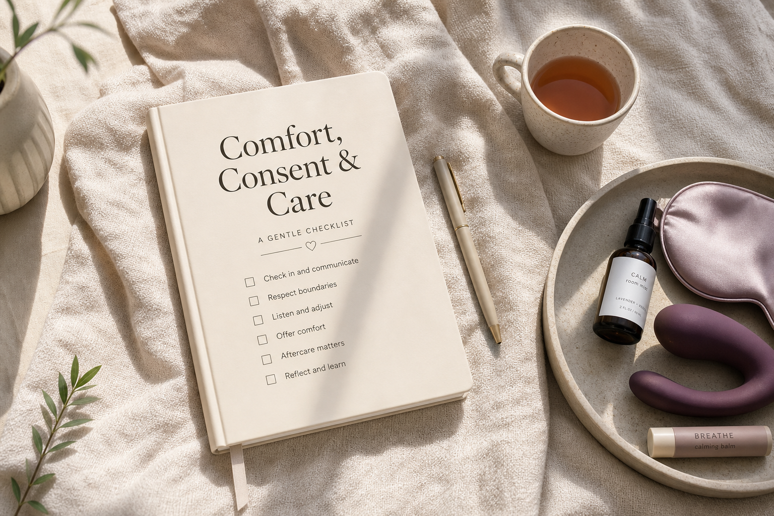 Notebook labeled Comfort Consent and Care beside a pen, tea, soft blanket, and discreet wellness accessories