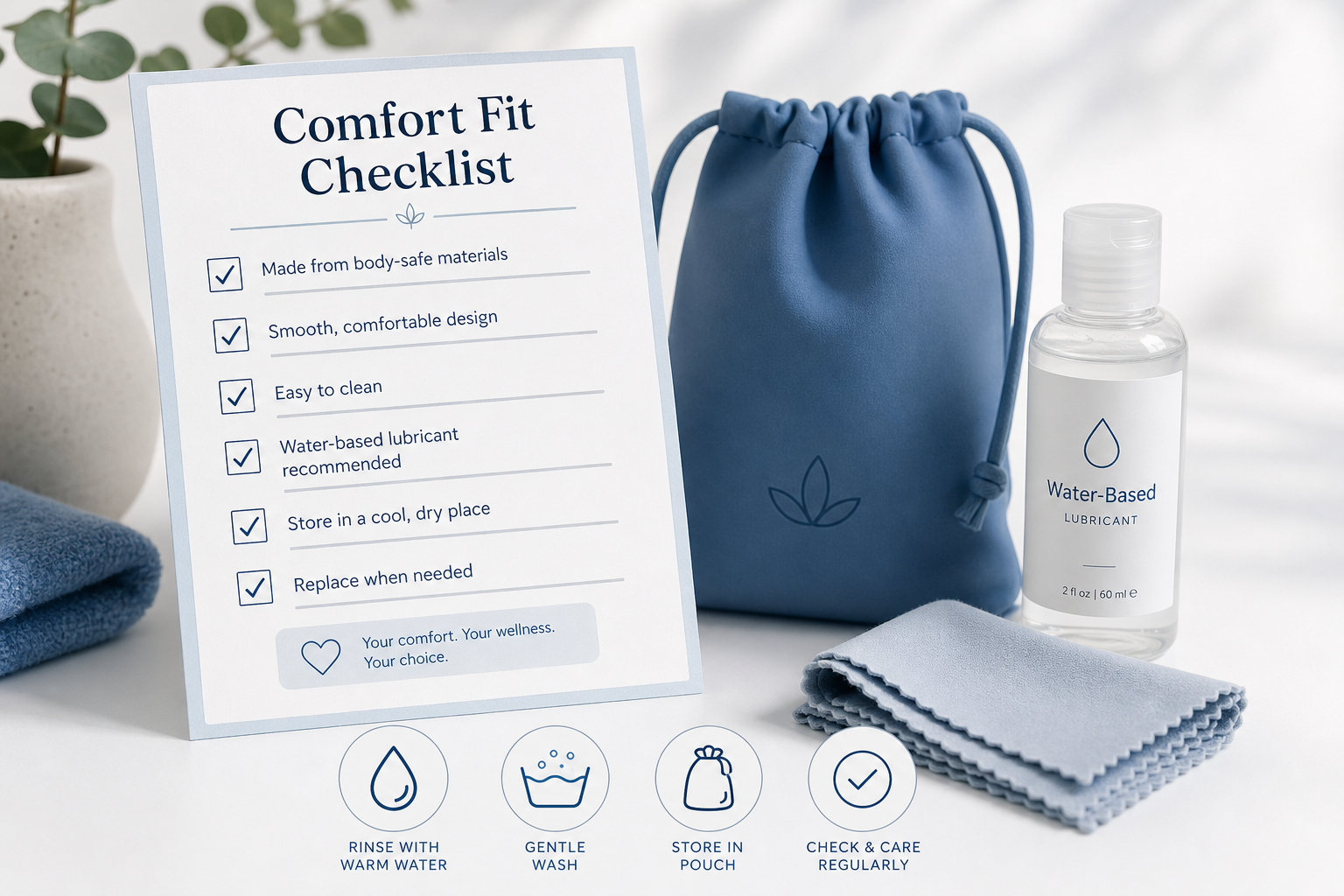 Comfort fit checklist beside lubricant, cleaning cloth, and discreet storage pouch