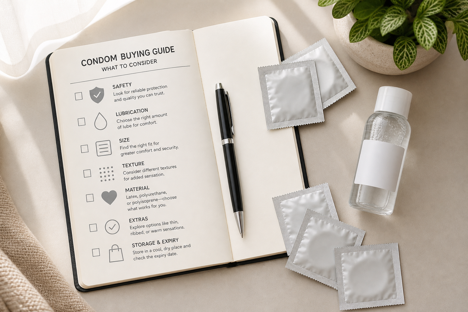 Notebook checklist with sealed condom packets and water-based lubricant for safer intimacy planning