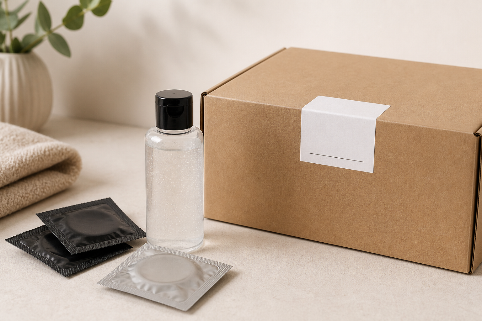Condoms, lubricant, and discreet packaging for private online adult wellness shopping