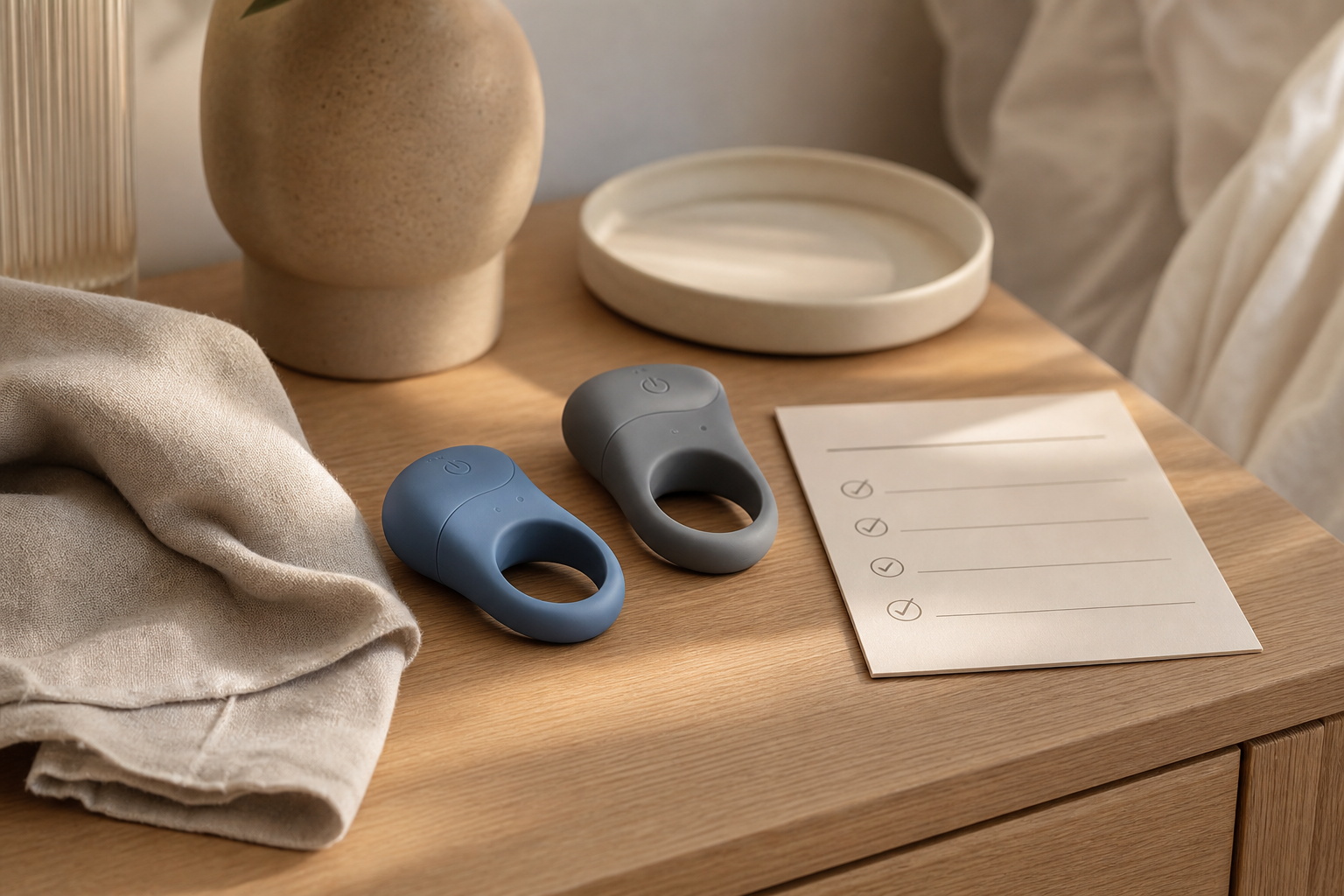 Tasteful flat-lay of discreet couples wellness accessories for a vibrating ring buying guide