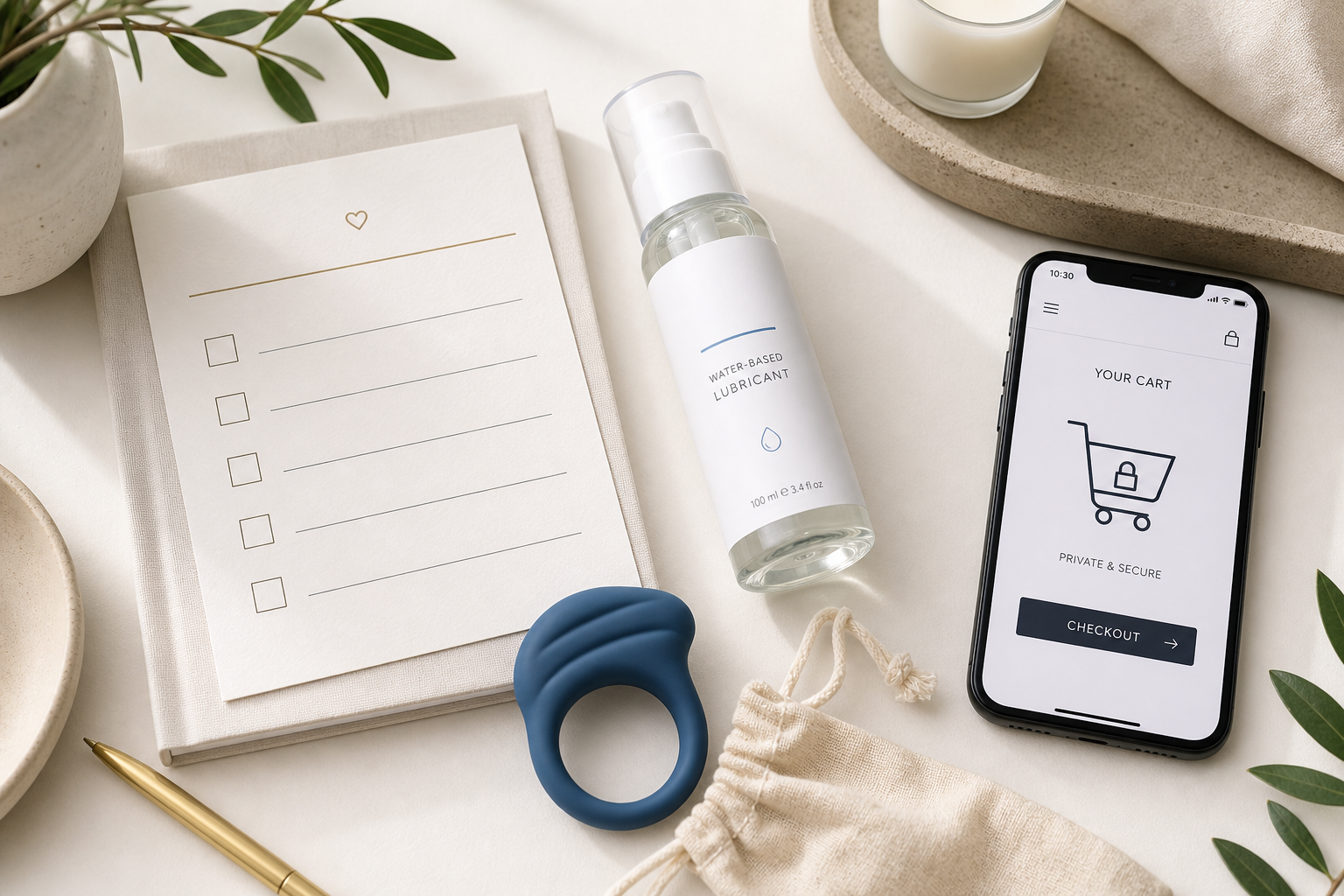 Discreet couples wellness shopping checklist with lubricant and silicone ring accessory