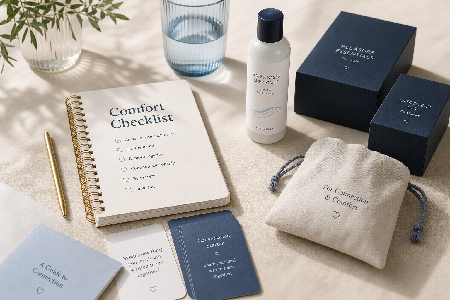 Comfort checklist with discreet wellness essentials, lubricant, conversation cards, and storage pouch