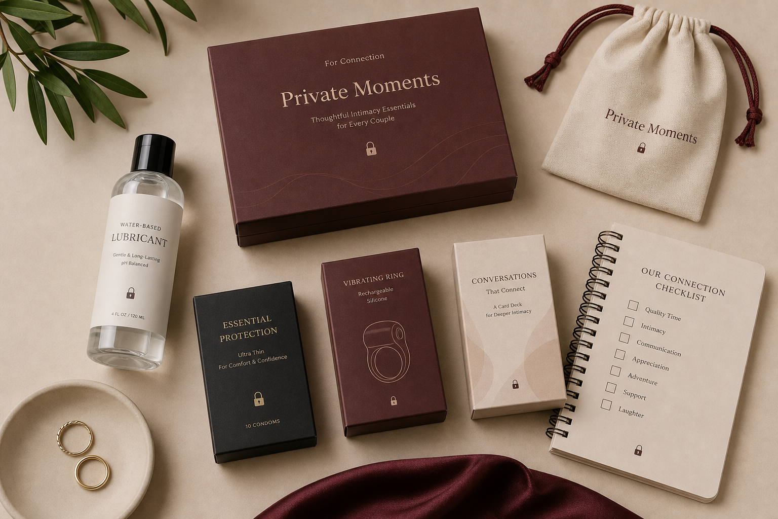 Tasteful flat lay of discreet couples wellness essentials including lubricant, condoms, a ring package, cards, pouch, and checklist