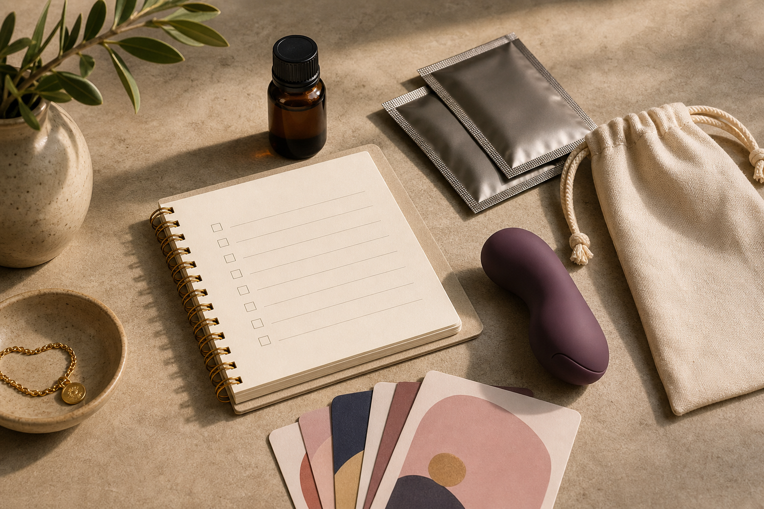 Discreet adult wellness gift checklist with storage pouch lubricant and date night cards