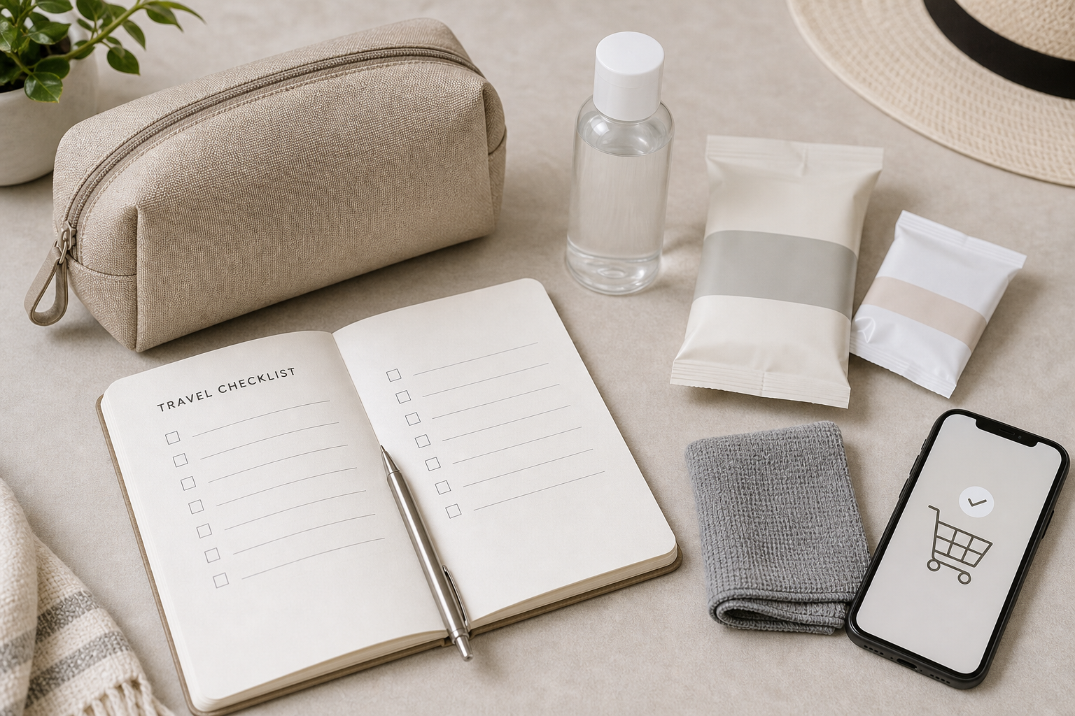 Checklist notebook and pouch for discreet adult wellness travel planning