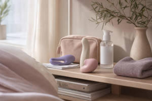 Discreet vibrator buying guide with tasteful wellness essentials on a bedside shelf