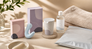Discreet adult wellness products flat lay with lubricant and privacy mailer