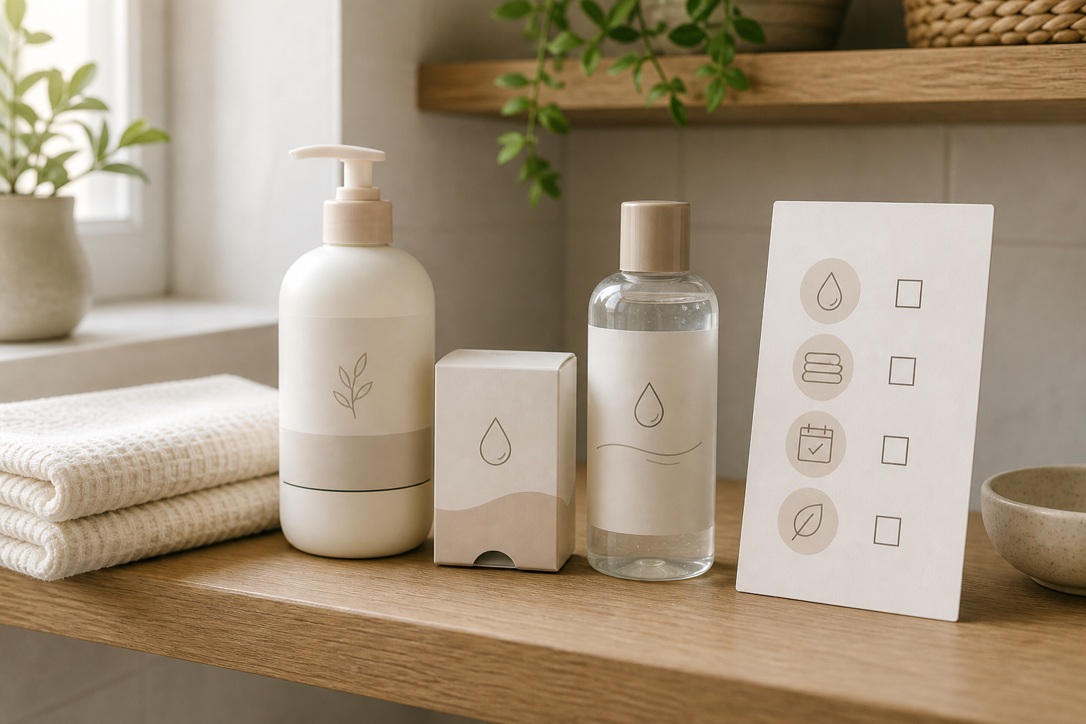 Bathroom shelf with gentle intimate care products and checklist