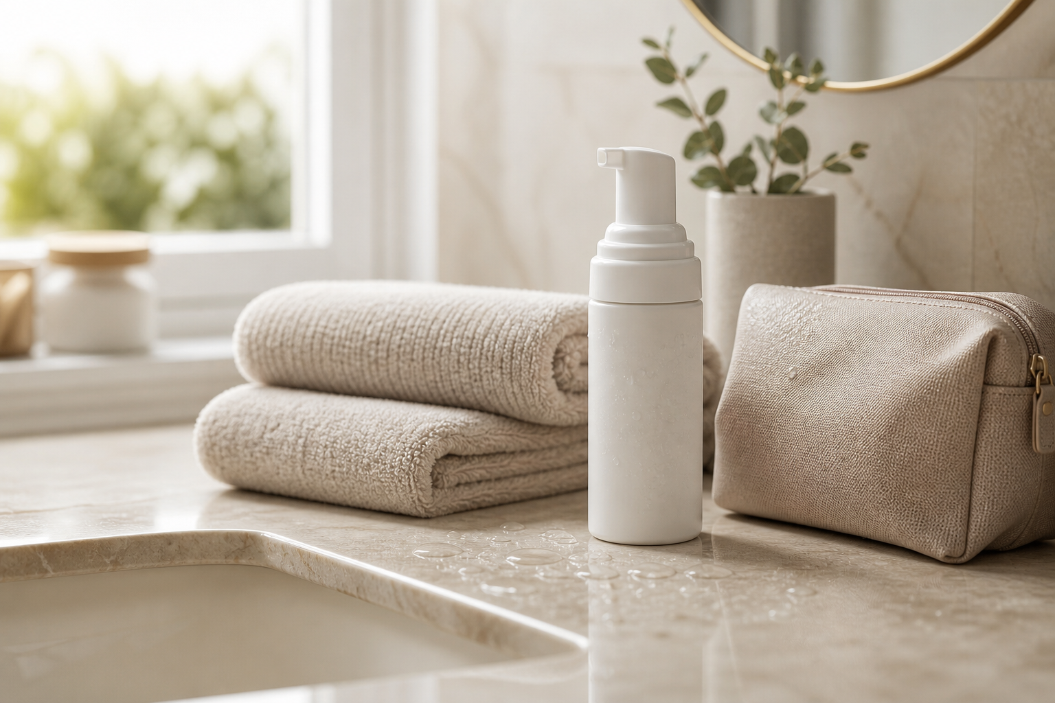 Tasteful bathroom vanity with gentle intimate care products and discreet storage pouch