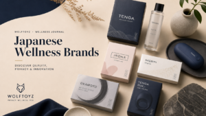 Tasteful flat lay representing Japanese adult wellness brands at Wolftoyz