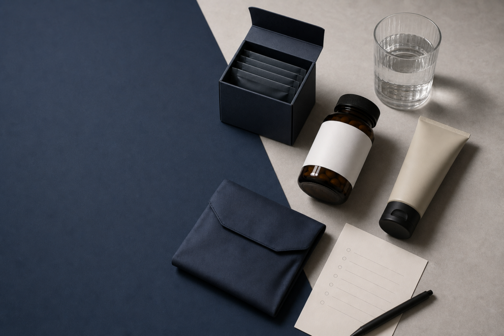 Discreet men’s wellness supplement and topical care flat lay with checklist and privacy pouch