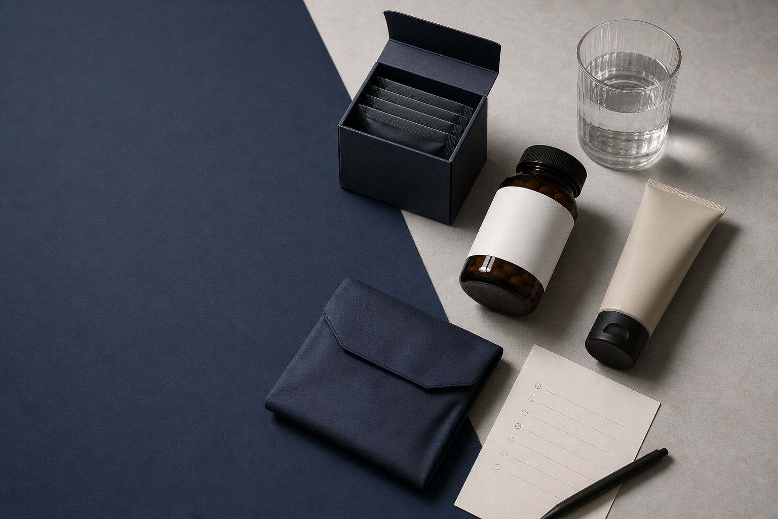 Discreet men’s wellness supplement and topical care flat lay with checklist and privacy pouch