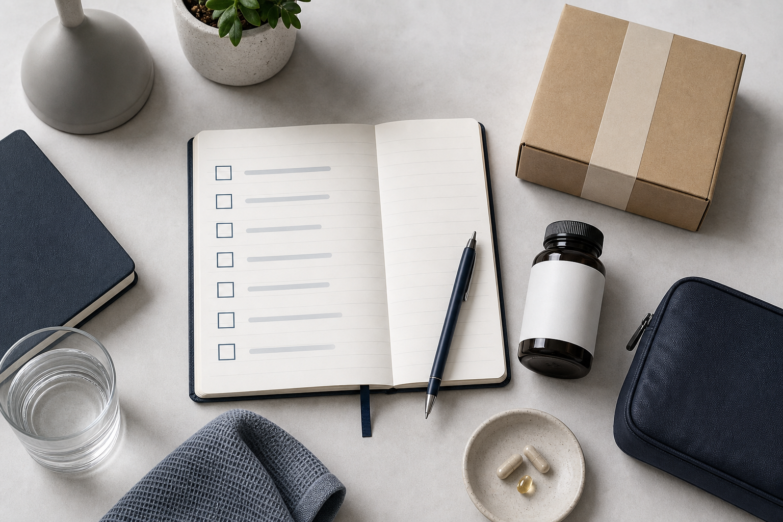 Men’s wellness checklist with discreet parcel, travel pouch, and care essentials