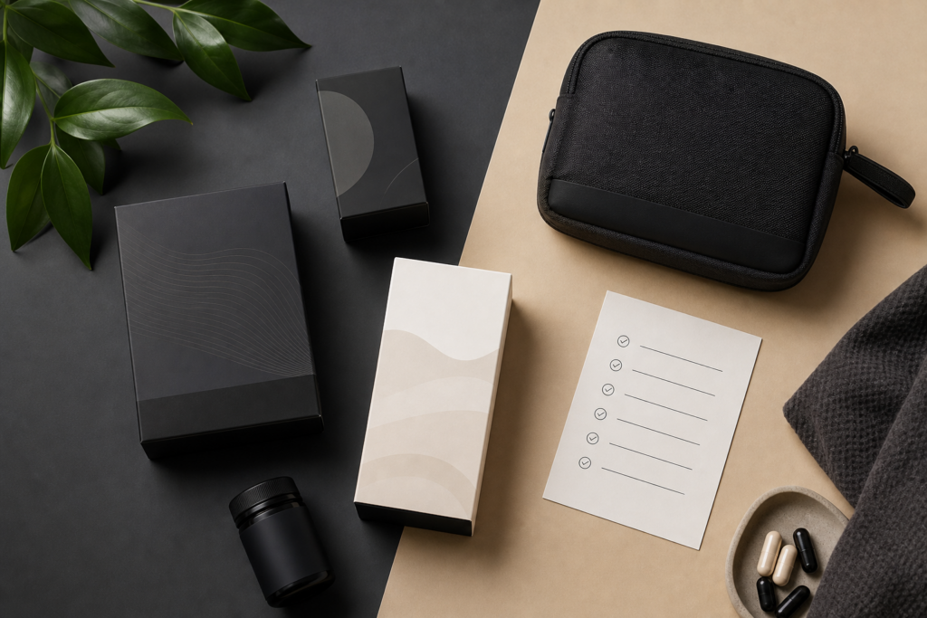 Discreet men’s wellness buying guide with product boxes, checklist card, and privacy-focused packaging