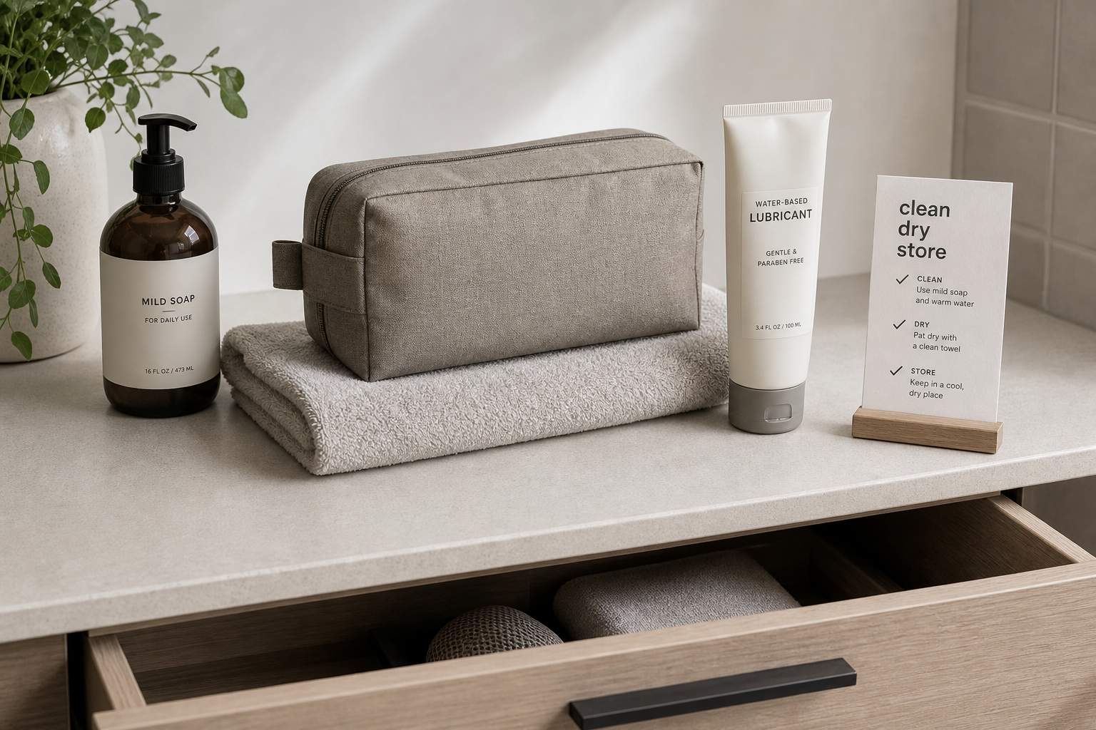 Clean towel, mild soap, storage pouch and checklist for discreet men’s wellness product care
