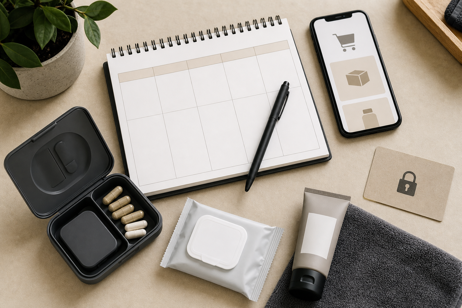 Privacy-first men’s wellness routine checklist with discreet care products and planner