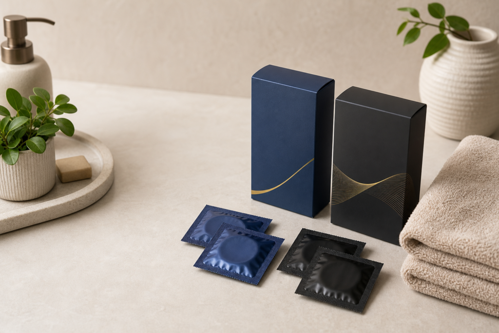 Discreet flat lay of sealed condom packets for an OKAMOTO and SKYN buying guide