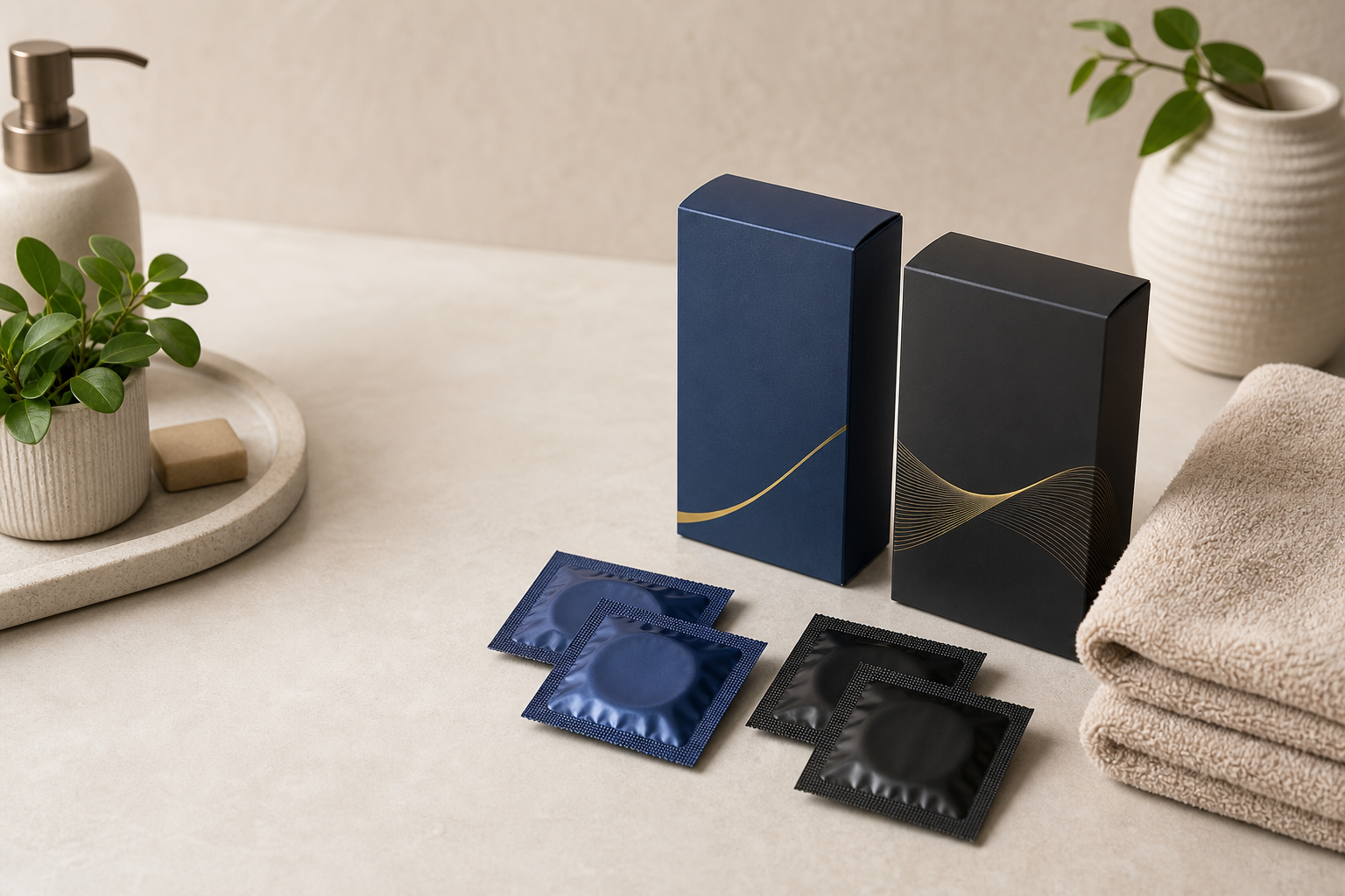 Discreet flat lay of sealed condom packets for an OKAMOTO and SKYN buying guide