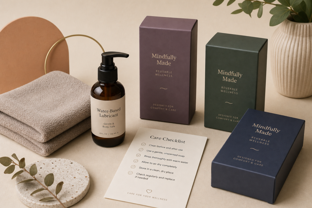 Discreet wellness product boxes with lubricant, towel, and care checklist for reusable masturbator shopping