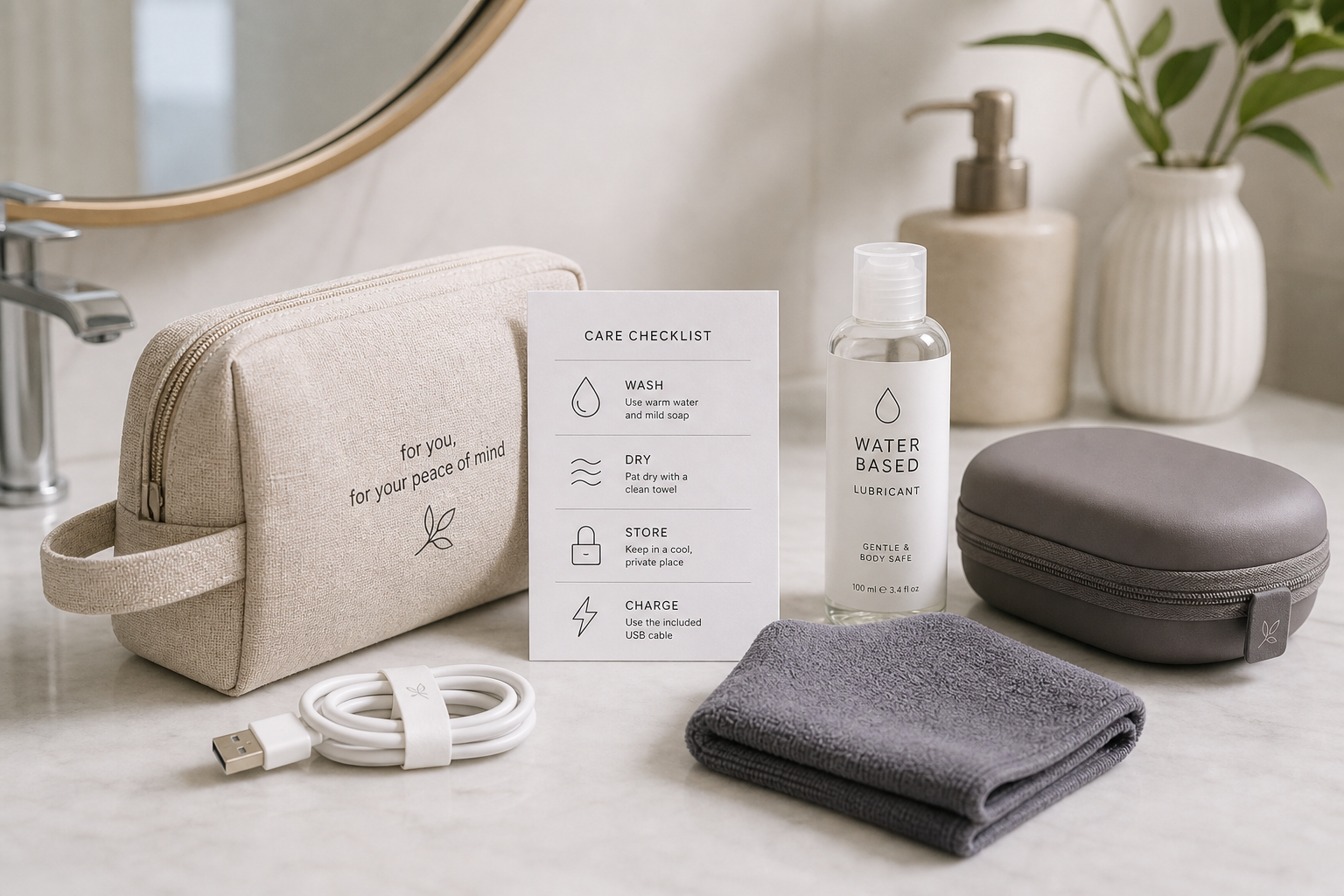 Adult wellness device care setup with storage pouch, USB cable, towel, lubricant, and checklist