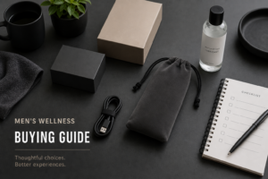Discreet men’s wellness buying guide flat lay with storage pouch, charging cable, lubricant, and checklist