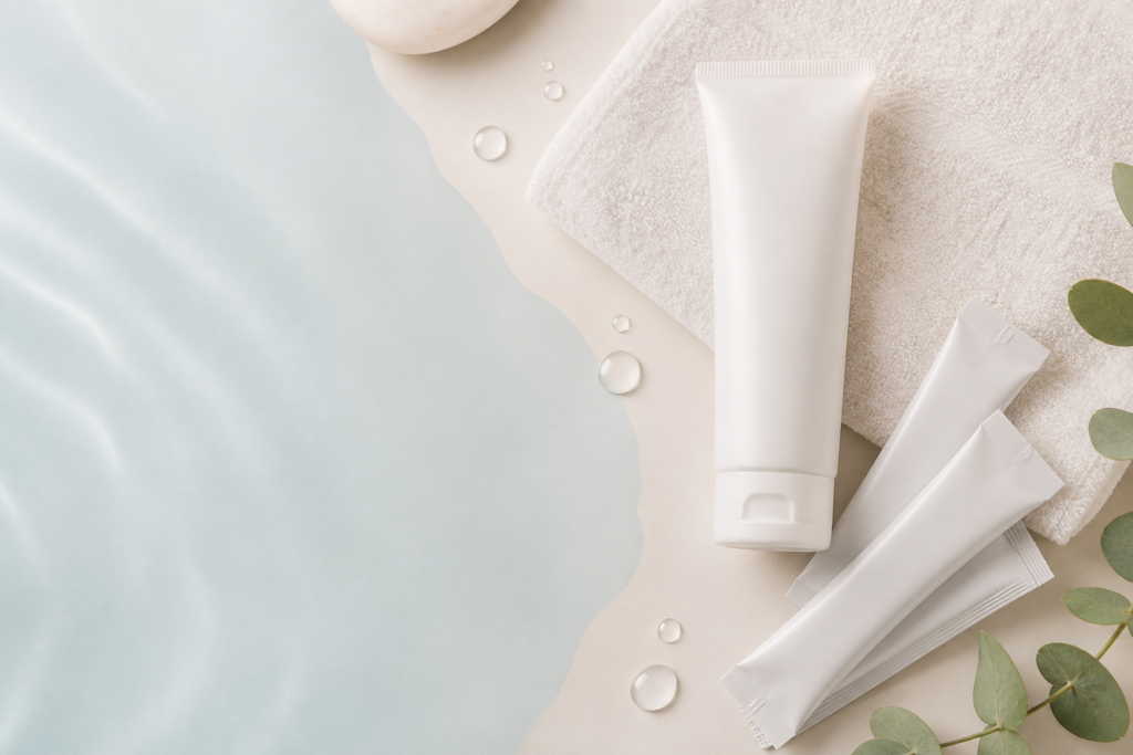 Tasteful flat lay of gentle intimate care essentials for a probiotic comfort routine
