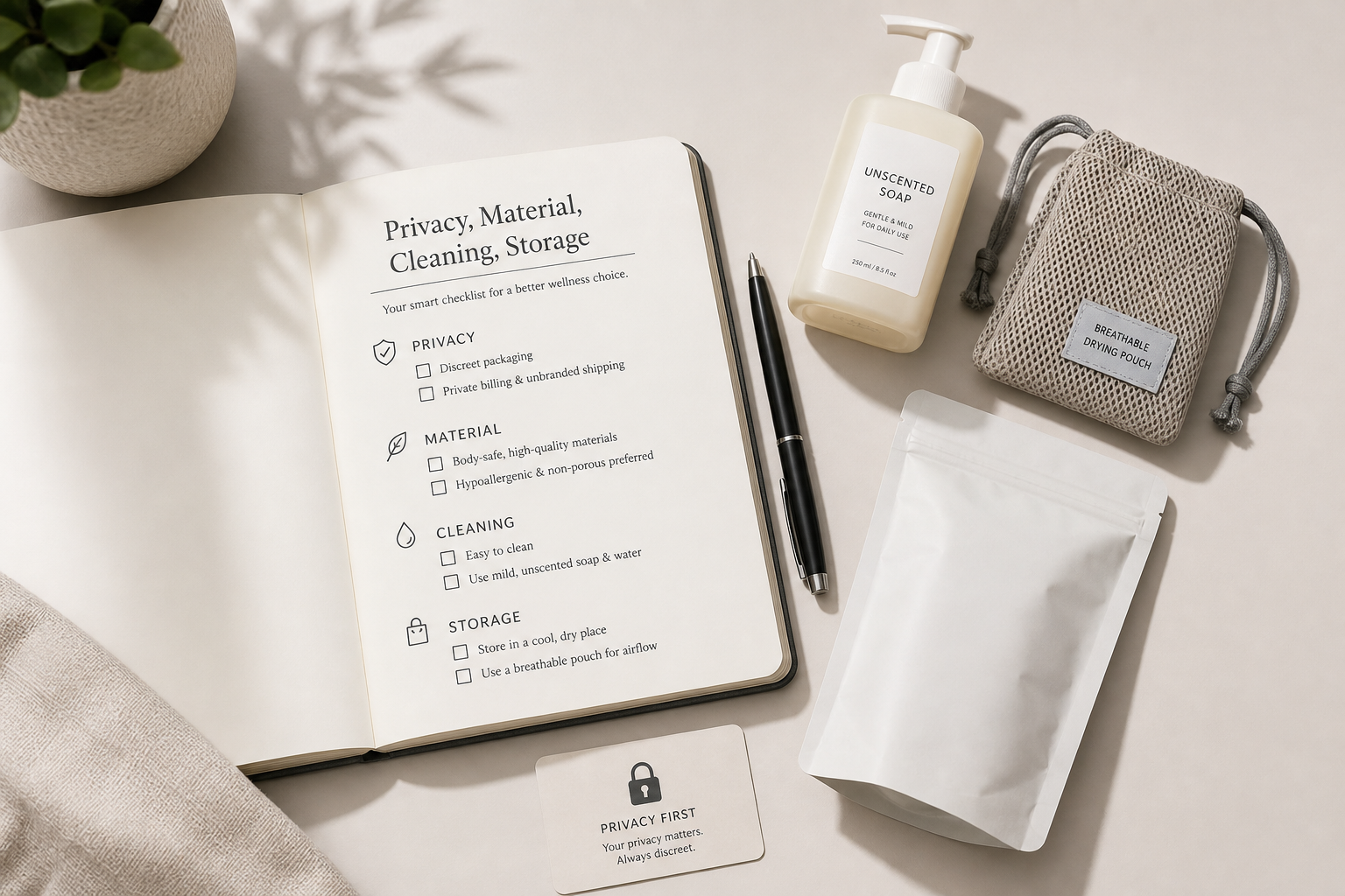 Notebook checklist for privacy, material, cleaning, and storage beside discreet wellness packaging
