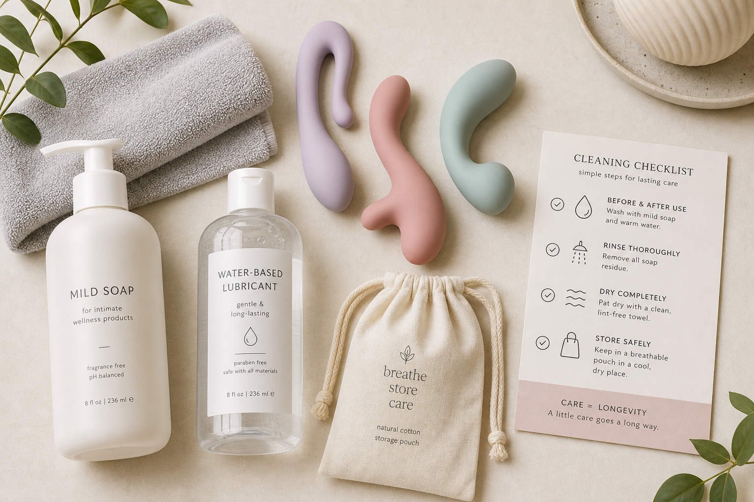 Reusable wellness product cleaning checklist flat lay