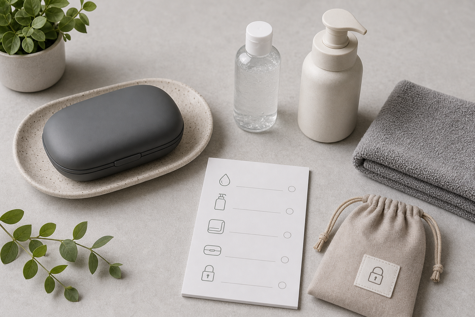 Clean care routine flat lay with lubricant, mild soap, towel, storage pouch, and checklist