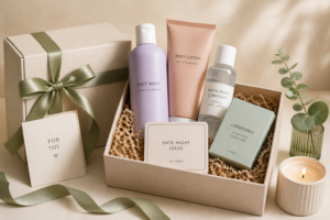 Tasteful adult wellness gift guide flat lay with privacy-focused care essentials and date night items