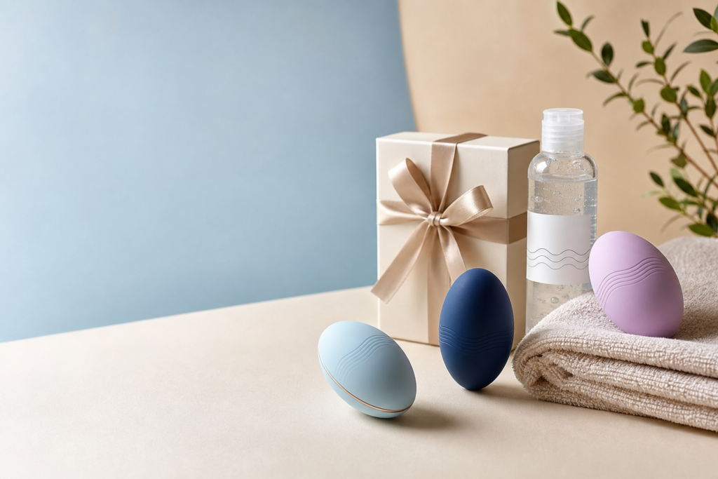 Tasteful flat lay of compact wellness products and discreet packaging for a TENGA Egg variety pack guide.