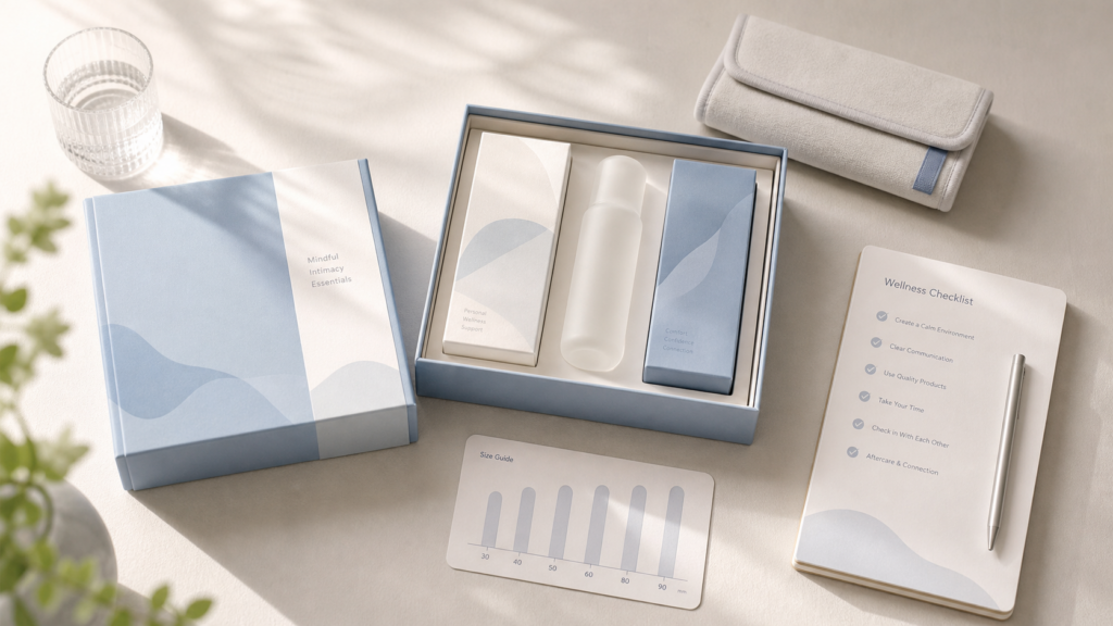 Discreet adult wellness fitting guide flat lay with checklist, lubricant, pouch, and clean product boxes