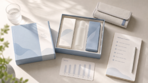 Discreet adult wellness fitting guide flat lay with checklist, lubricant, pouch, and clean product boxes