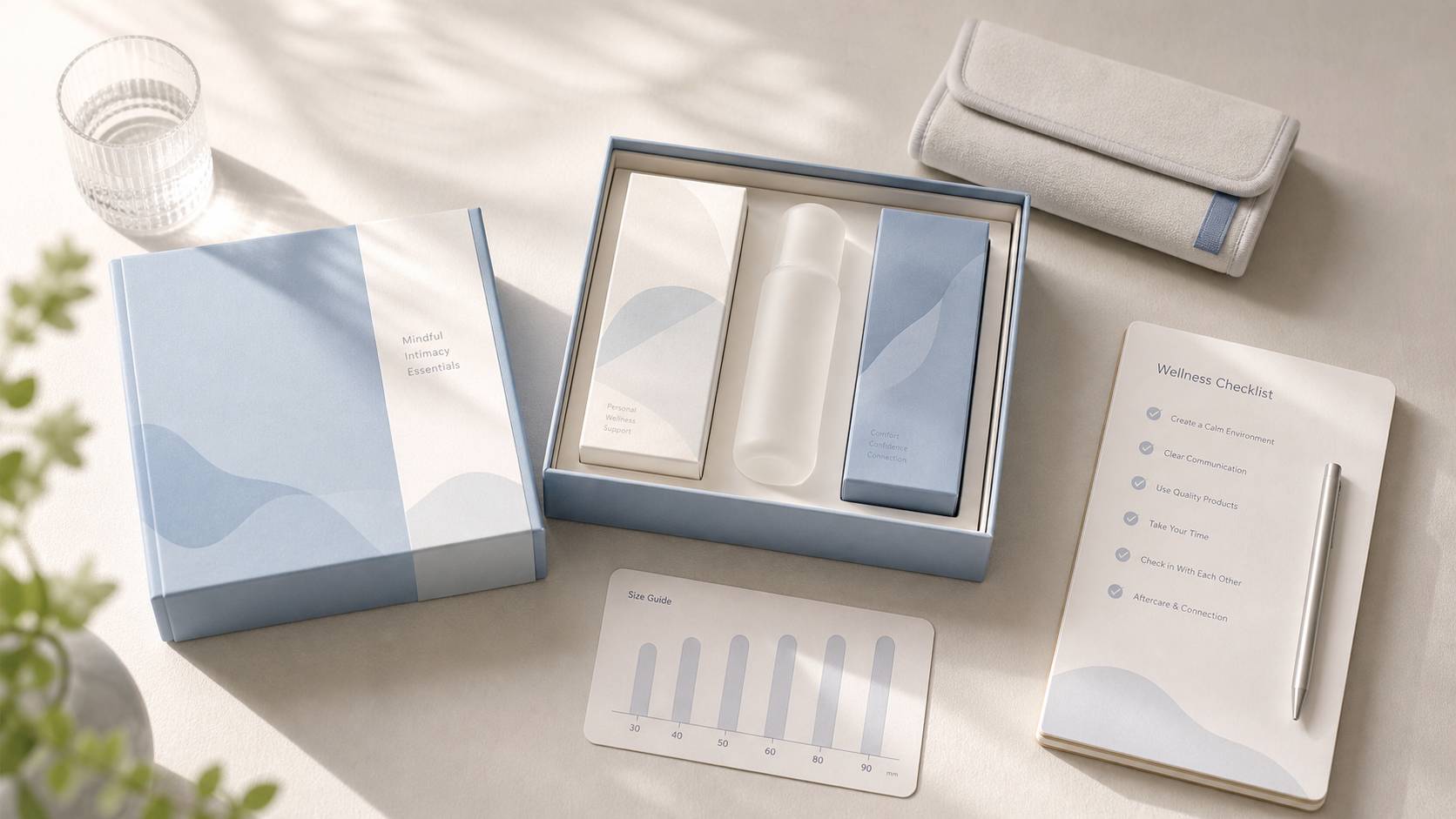 Discreet adult wellness fitting guide flat lay with checklist, lubricant, pouch, and clean product boxes