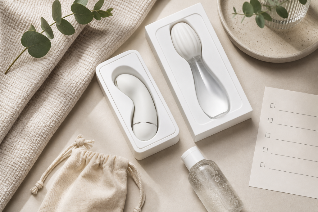 Tasteful flat lay of compact reusable wellness products, lubricant, towel, and discreet storage pouch
