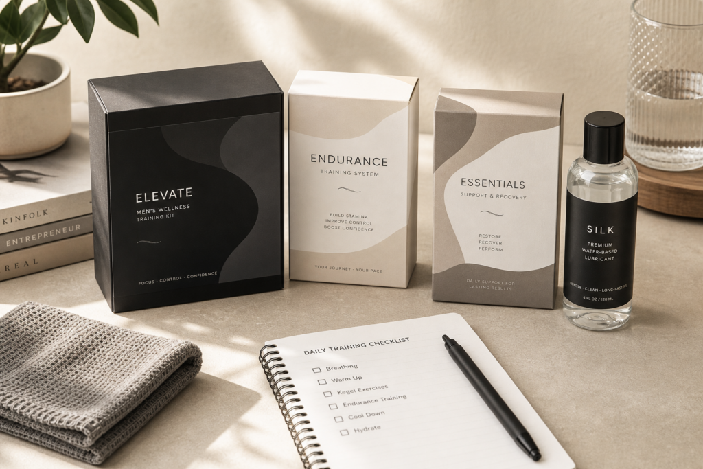Discreet men’s wellness training products arranged with a checklist and lubricant on a neutral desk