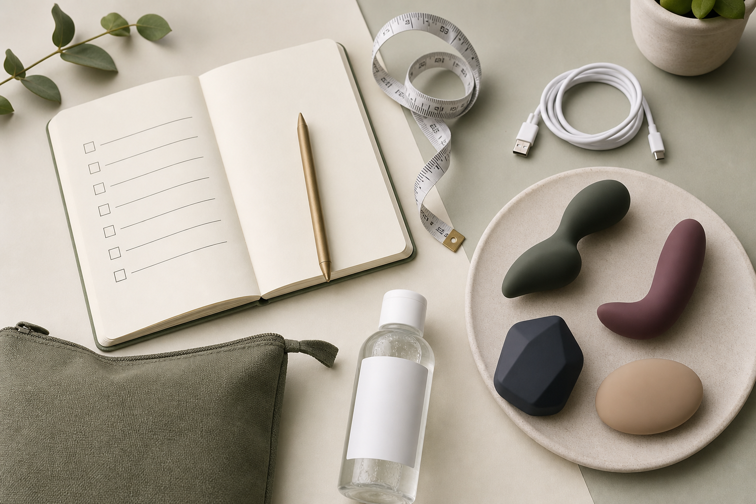 Vibrator buying checklist with storage pouch, charging cable, lubricant, and notes