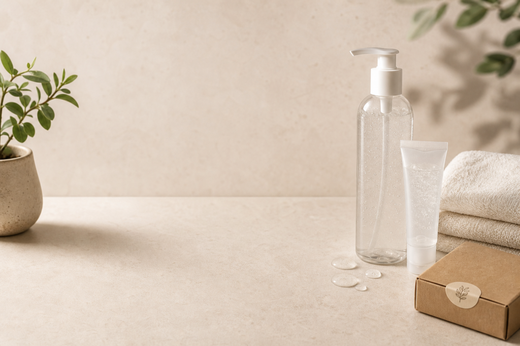 Tasteful flat lay of water-based lubricant and intimate care essentials for a discreet adult wellness routine