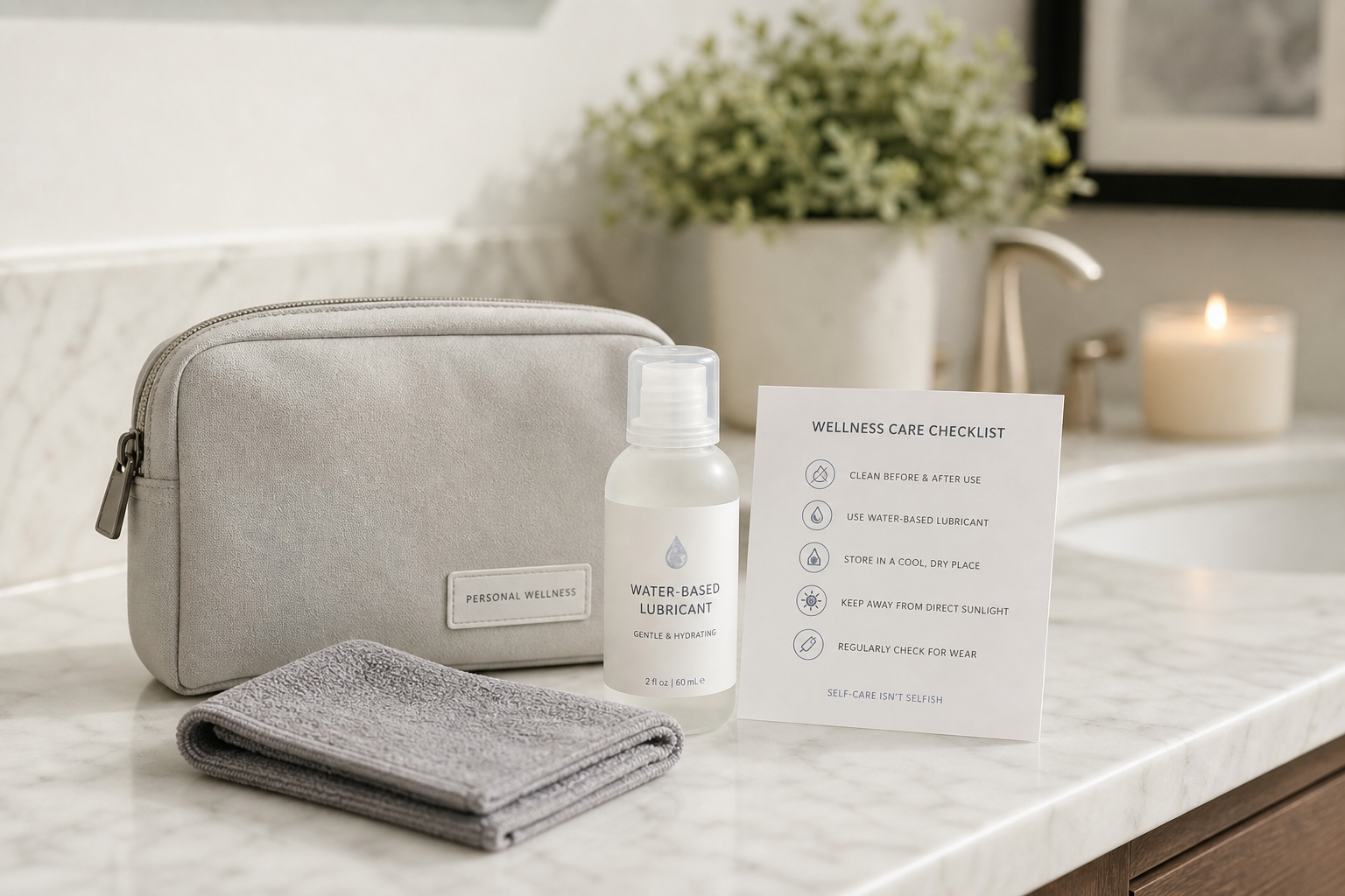 Adult wellness combo set care checklist with lubricant, cloth, and storage pouch