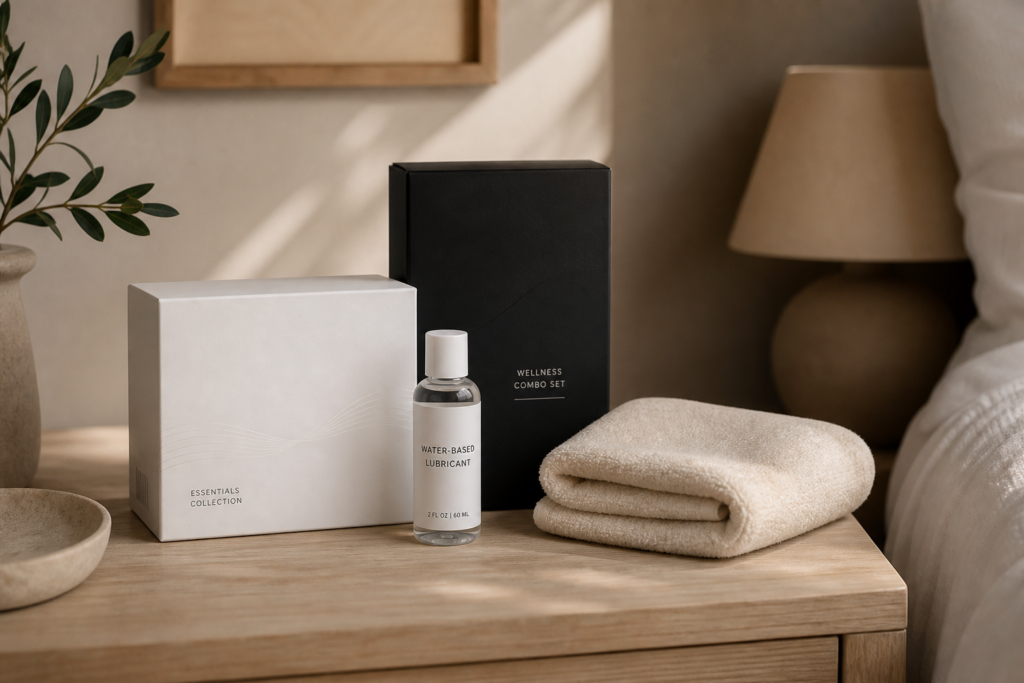 Discreet adult wellness combo set with lubricant and neutral storage styling